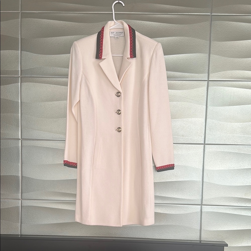 St. John Collection Cream/ off white  Long Knit Coat with Pink & Black Trim.